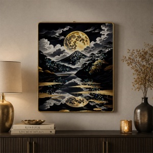 Tablou decorativ modern Muntele Fuji si Luna Plina 3D in relief, cu cristale, rama aurie, 40x30 cm - Img 5