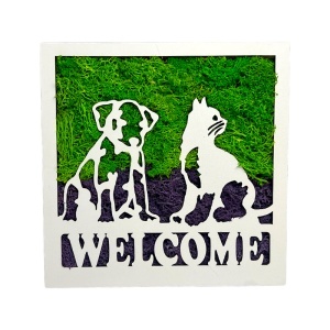 Tablou decorativ Welcome cu licheni stabilizați și siluete de animale, 20x20 cm, Verde
