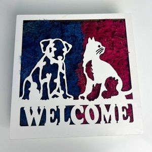 Tablou decorativ Welcome cu licheni stabilizați și siluete de animale, 20x20 cm, Albastru – Fucsia - Img 4
