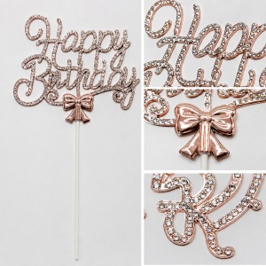 Topper Happy Birthday cu strasuri si fundita, rose gold - Img 2