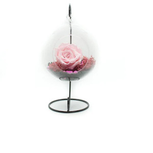 Trandafir Criogenat Glamouroses, roz prafuit, pe pat de licheni stabilizati, in glob de sticla, pe suport metalic - Img 3