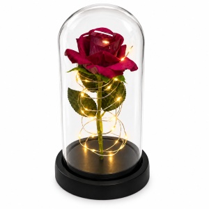 Trandafir decorativ cu LED, in cupola transparenta, 20 cm, in cutie cadou, Bordo