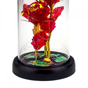 Trandafiri artizanali in cupola din sticla, cu frunze decorative pe blat negru, LED, Visiniu 2
