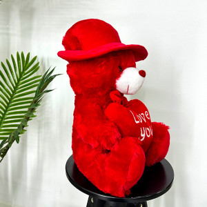 Ursulet de plus cu palarie Sparkle, cu inimioara si mesaj de iubire, Inaltime 25 cm, Rosu - Img 2
