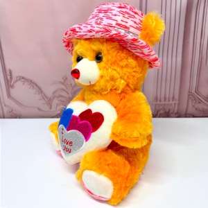 Ursulet de plus Pudding, cu palarie satinata si inimioara imprimata "I Love You", inaltime 33 cm, Portocaliu - Img 6