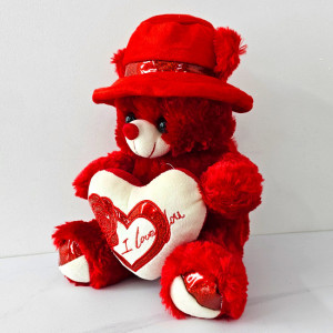 Ursulet de plus Pudding, palarie cu bentita satinata si inimioara cu trandafir imprimat "I Love You", inaltime 30 cm, Rosu 1