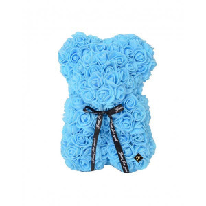 Ursulet floral din Trandafiri 25 cm, decorat manual, cutie cadou, blue