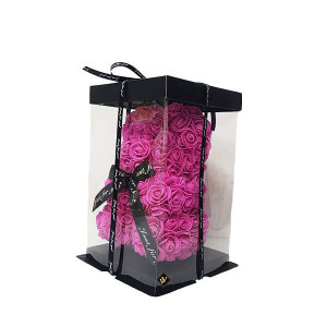 Ursulet floral din Trandafiri 25 cm, decorat manual, cutie cadou, roz aprins
