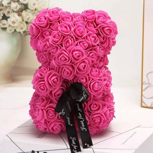 Ursulet floral cu trandafiri din spuma, 25 cm, decorat manual, cutie cadou, Roz aprins