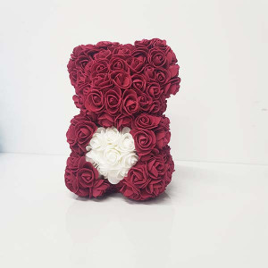 Ursulet floral din trandafiri de sapun Teddy Bear in Love, 25 cm, in cutie cadou, bordo