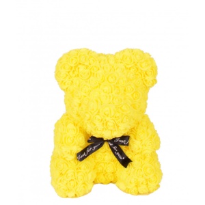 Ursulet floral galben din Trandafiri 30 cm, decorat manual, cutie cadou