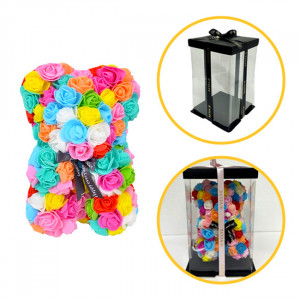 Ursulet floral multicolor din Trandafiri 25 cm, decorat manual, cutie cadou1