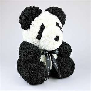 Ursulet floral Panda din Trandafiri 40 cm, decorat manual, cutie cadou