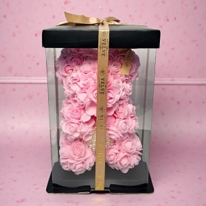 Ursulet floral roz din trandafiri din spuma cu inimioara din perle 25 cm, decorat manual, in cutie cadou - Img 3