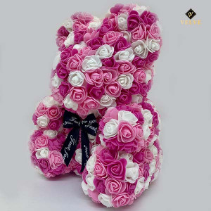 Ursulet Floral Triple color din Trandafiri spuma, 40 cm, roz- alb-fucsia, in cutie cadou