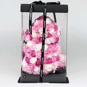 Ursulet Floral Triple color din Trandafiri spuma in cutie cadou, 25 cm, roz-roz pal-alb