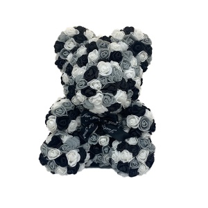 Ursulet floral Triple Color din trandafiri spuma in cutie transparenta eleganta, 25 cm