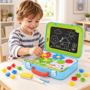 Valiza creativa 2 in 1 cu tabla de desen si joc mozaic, 47 piese, 8 planse duble si accesorii, albastru, 3+ ani - Img 3