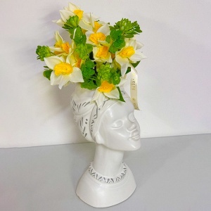 Vaza Venus Artemis cu aranjament floral, narcise si plante artizanale, Galben-Verde