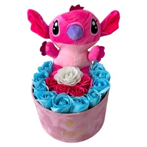 Aranjament cu flori de sapun si jucarie de plus Stitch roz, in cutie eleganta - Img 4