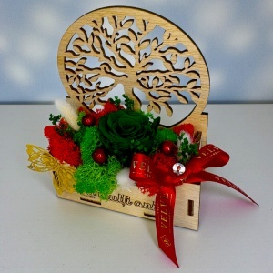Aranjament floral „La multi ani", trandafir criogenat și licheni stabilizați, in suport decorativ din lemn - Img 5