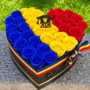Aranjament floral absolvire 2026, cutie inima cu 31 trandafiri de sapun Tricolor - Img 5