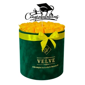 Aranjament floral absolvire Radiance, in cutie rotunda verde, cu 25 trandafiri din sapun, Galben