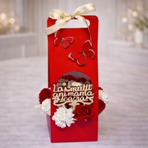 Aranjament floral Butterfly, cu trandafiri si garoafe din sapun, plante decorative, cu topper " La multi ani mama soacra ", in cos deosebit cu toarte, Rosu