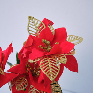 Aranjament floral cu Craciunita Artizanala in ghiveci, Rosu - Auriu 29cm