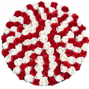 Aranjament floral cutie rotunda neagra cu 125 trandafiri de sapun, Bicolor