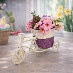 Aranjament floral decorativ in cosulet bicicleta cu flori artificiale, 23 cm - Img 1
