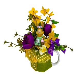 Aranjament floral Easter, cu iepuras decorativ si flori artizanale, in cana de ceramica, verde-mov