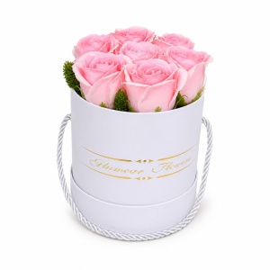 Aranjament floral Glamour Double Color, cutie rotunda cu 7 trandafiri sapun in doua culori, Roz
