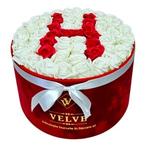 Aranjament floral litera cu 55 trandafiri de sapun in cutie rotunda catifea rosie, litera H