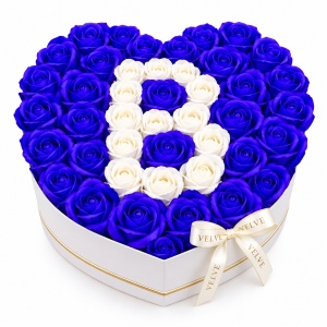 Aranjament floral personalizat cu litera, cutie inima alba cu 49 trandafiri de sapun, Albastru-Alb - Img 2