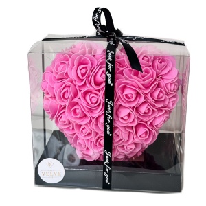 Aranjament floral tip Inima, cu trandafiri din spuma, realizat hand-made, in cutie cadou, Roz, 15 cm
