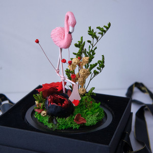 Aranjament cu flori criogenate si Flamingo, in cupola de sticla si cutie cadou