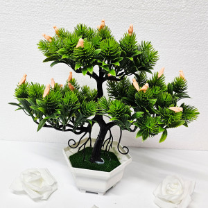 Bonsai decorativ artificial, cu pasari, in ghiveci miniatural, Balance Bird, Somon, Inaltime 28 cm1