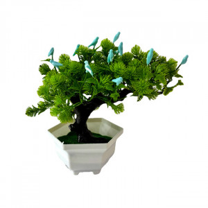 Bonsai decorativ artificial, cu pasari, in ghiveci miniatural, Balance Bird, Albastru, Inaltime 28 cm