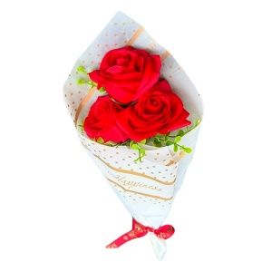 Buchet Bloom cu 3 trandafiri de sapun si plante artificiale,  Rosu