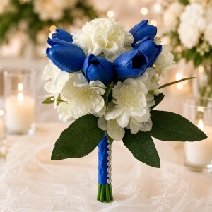 Buchet de mireasa premium, cu lalele din spuma, bujori regali si accesorii din fir si perle, 32 cm - Img 4
