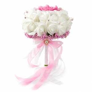 Buchet de mireasa premium, cu nuferi, trandafiri din spuma si stamine aurii, 28 cm - Img 2