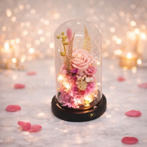 Buchet de trandafiri criogenat in cupola de sticla cu LED, roz, 21X12
