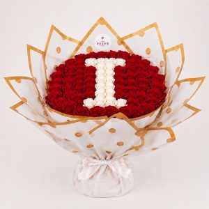 Buchet floral personalizat cu litera din 65 trandafiri de sapun, Rosu- Alb - Img 9