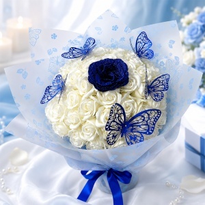 Buchet floral premium cu 51 trandafiri de sapun, fluturi decorativi si accente glitter, inaltime 45 cm, Alb - Albastru - Img 2