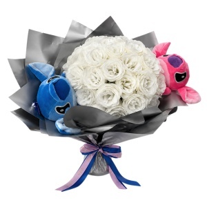 Buchet floral premium Stitch si Angel cu 35 trandafiri decorativi cu efect glitter, inaltime 45 cm, Alb - Img 4