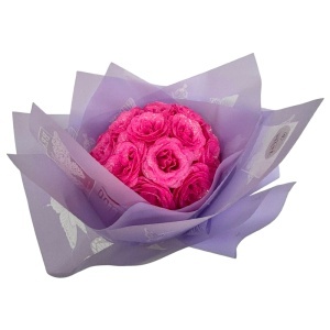 Buchet Glitter Roses cu 19 trandafiri fucsia decorativi, buchet premium ambalat elegant, 40 cm