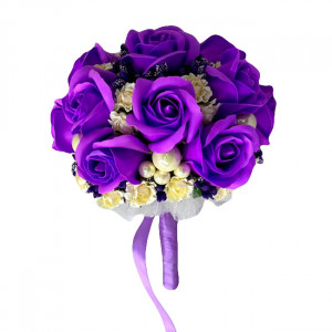 Buchet Mireasa, cu trandafiri de sapun, stamine , flori de hartie si accesorii, mov - Img 2
