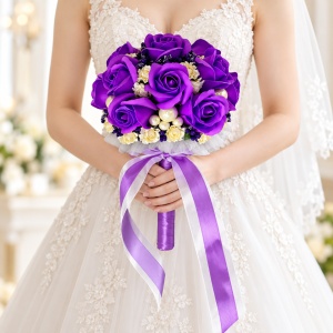 Buchet Mireasa, cu trandafiri de sapun, stamine , flori de hartie si accesorii, mov