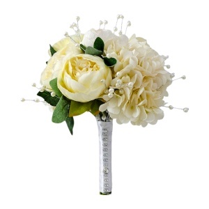 Buchet mireasa elegant Ivory Bloom cu bujori si hortensii artificiale, alb ivoire cu perle - Img 2